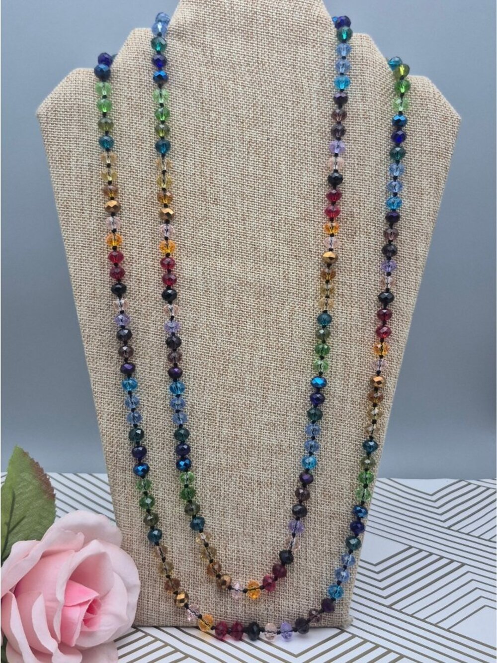 Joan Rivers Multicolor Faceted Crystal Bead Long Necklace Signed Layering 61”